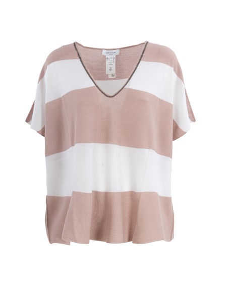 Shop FABIANA FILIPPI  Maglia: Fabiana Filippi t-shirt a righe.
Vestibilità regular. 
Scollo V.
Dettaglio brillante sullo scollo.
Composizione: 53% Lana vergine 47% Cotone.
Fabbricato in Italia.. MAD273W011H301-VR3CIPRIA/BIANCO